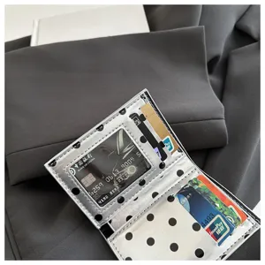 Silver polka dot card holder minimalist PU leather wallet multi card slots pocket compact