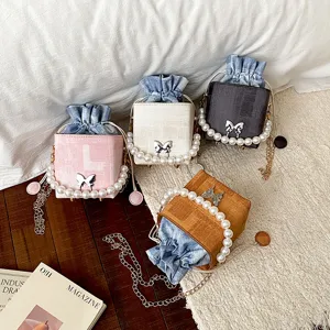 Summer new bucket bag trendy pearl handle denim drawstring stylish casual crossbody women bag