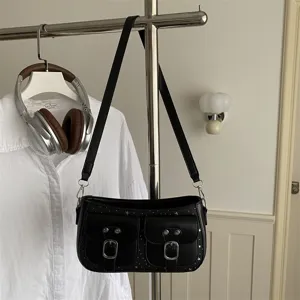Koreanische schwarze Schultertasche Damen minimalistische PU Leder Umhaengetasche Alltag