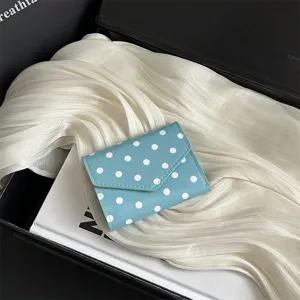 Chic light blue polka dot mini wallet, stylish envelope card holder for daily casual use.