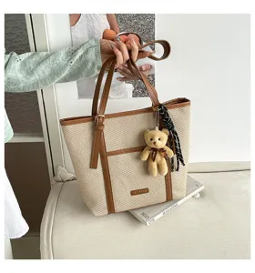 Bolso tote de lona casual para mujer, gran capacidad y elegante bolso de hombro con oso.