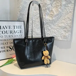 Borsa Tote Grande da Donna in Pelle PU Vintage Borsa a Tracolla Casual Tinta Unita Con Ciondolo a Orso