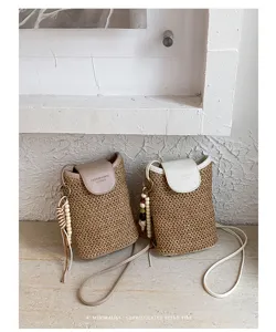 Dames minimalistische geweven crossbody telefoon tas kleine stro tas met kraal kwast en flap.