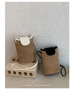 Minimalistische stro telefoon tas crossbody tas met flap chique vintage zomer mini handtas