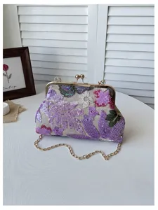 Squisita borsa pochette da sera ricamata con paillettes e cinturino a catena in metallo