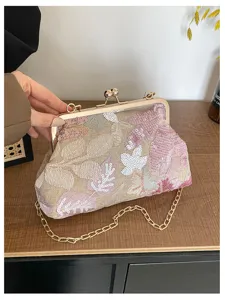 Vista dettagliata della pochette da sera da donna, ricamo stile cinese paillettes borsetta.