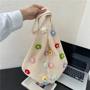 Sac bandoulière en crochet beige pour femme avec fleurs, grande capacité plage été.