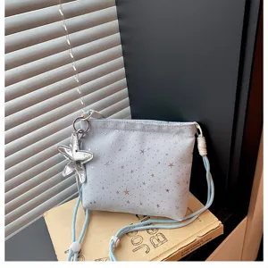 Light blue star pattern crossbody bag with silver star pendant casual women daily shoulder bag