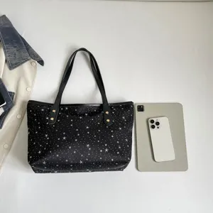 Schwarze Sternen-Print Canvas Tragetasche für Damen große Kapazität minimalistische Freizeittasche.