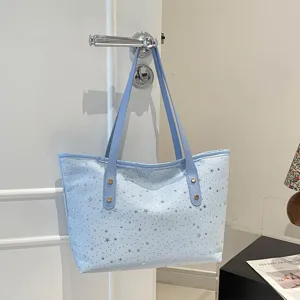 Helles blaue Canvas Tragetasche mit Sternenmuster, lässige Schulterhandtasche für Damen Alltag.