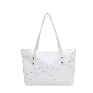 Weisse Leinwand-Tragetasche mit silbernem Sternenmuster, stilvolle Schultertasche Damen.