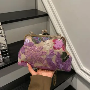 Borsa da Sera Ricamata a Fiori Stile Cinese Vintage Giunzione Paillettes Rete Chiusura a Scatto Elegante Borsa a Tracolla Catena per Banchetti Feste Donna