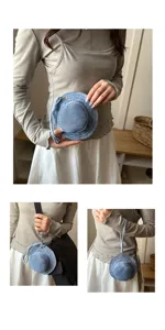 Close-up detail view of the creative denim fisherman hat coin purse and cute mini earphone bag.