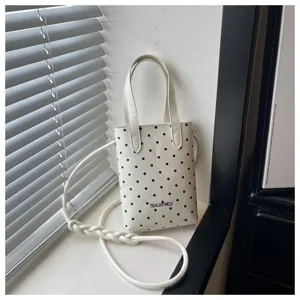 Bolso de mano blanco con lunares negros para mujer, elegante bolso cruzado y de hombro.