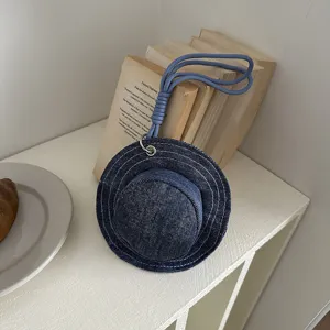 Creative Denim Bucket Hat Shape Mini Coin Purse Keychain Bag Charm Earphone Storage Case Unique Miniature Denim Pouch Pendant Hanging Accessory