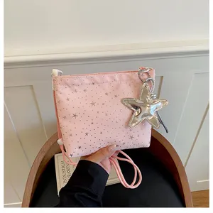 Pink crossbody bag with silver star prints and large star pendant, cute sweet style shoulder bag.