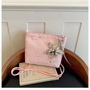 Pink crossbody bag with silver star print and star pendant for women chic daily wear