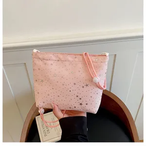 Pink star print crossbody bag casual shoulder bag cute drawstring handbag for women