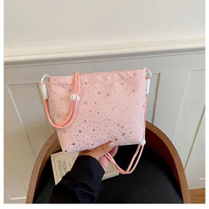 Pink star print crossbody bag with white rope strap, stylish casual daily shoulder handbag.