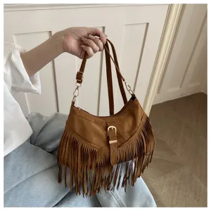 Women vintage suede fringe shoulder bag underarm handbag boho retro brown saddle bag
