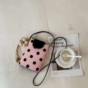 Joli sac bandoulière à pois roses et noirs avec pendentif fleur pour femmes été décontracté.