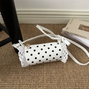 Carina borsa a tracolla cilindrica a pois per ragazze con bordo in pizzo bianco borsa.