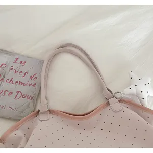 Korean style polka dot tote bag for women, large capacity summer casual shoulder bag with zipper.