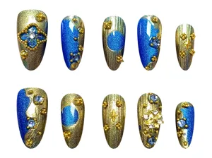 Uñas postizas hechas a mano 10pcs set ojo de gato azul forma almendrada estilo barroco
