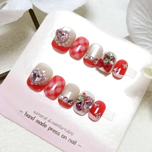 Uñas postizas cortas hechas a mano con ojo de gato, cristales de corazón y lazo, 10 pzs