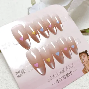 Handmade press-on nails with gradient cat eye design and cute heart details, 10 pcs set