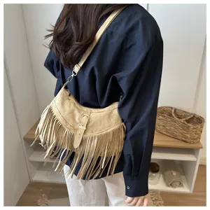 Western retro suede fringe underarm bag detail, wide adjustable strap saddle bag for women