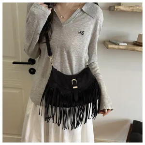 Western vintage suede fringe shoulder bag for women, adjustable strap saddle bag, black crossbody.