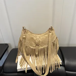 Vintage suede fringe shoulder bag for women with wide adjustable strap bohemian hobo bag