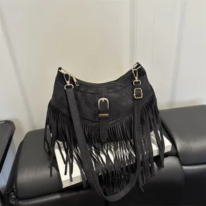 Western vintage style suede fringe underarm shoulder bag for women with wide adjustable strap