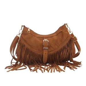 Retro Western style suede fringe shoulder bag for women, large capacity brown hobo bag.