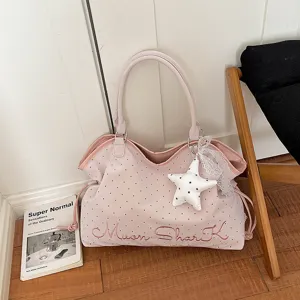 Korean Style Girly Polka Dot Tote Bag For Women PU Leather Large Capacity Shoulder Bag Trendy Top Handle Commuter Shopping Handbag