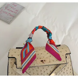 Beigetextured handbag with colorful twilly scarf handle, elegant retro style daily crossbody bag.