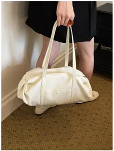 White minimalist pleated shoulder bag, large capacity travel tote with double straps and pocket.
