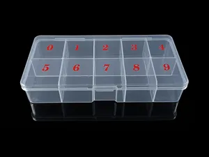 Transparante plastic nagel opbergdoos 10 vakken met rode nummers voor het sorteren van kunstnagels.