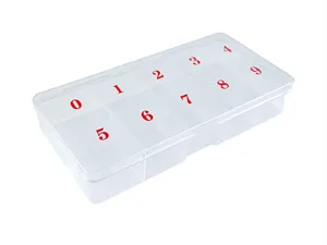 Transparante kunststof nagel opbergdoos met genummerde vakjes voor nagelgereedschap en sieraden.
