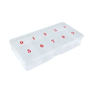 Transparante kunststof opbergdoos voor nagels met 10 vakken en cijfers voor neppe nagels.