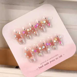 Uñas postizas hechas a mano degradado nude purpurina pedrería de colores 24pcs uñas