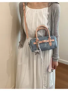 Denim shoulder crossbody bag for women, retro style denim boston handbag with star pendant.