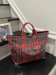 Red plaid tote bag for women, waterproof casual handbag, large capacity travel tote.
