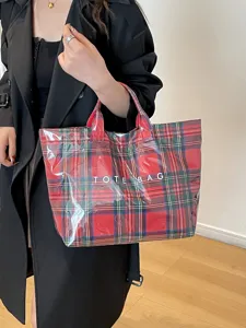 Stylish waterproof red plaid transparent tote bag for women large capacity handbag.