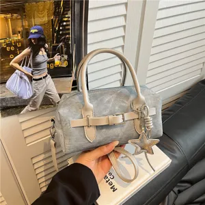 Women Denim Crossbody Bag Retro Casual Shoulder Handbag Small Square Boston Bag With Star Metal Pendant