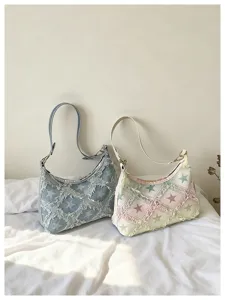 Σικ vintage distressed τσάντα ώμου denim για γυναίκες, κομψή casual τσάντα με αστέρια.