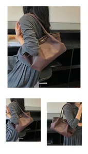 Detailed view of the brown leather hobo shoulder bag, showing the stylish French design.