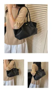 Black leather hobo shoulder bag for women, large capacity French style chic tote handbag.