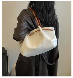 White leather hobo shoulder bag, large capacity tote with brown straps and chic daily look.
